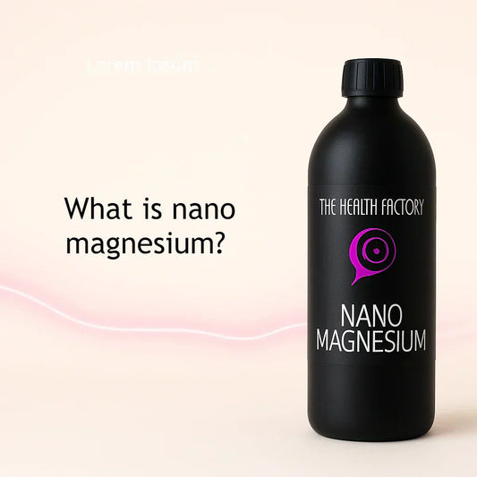Nano Magnesium bottle from The Health Factory on a soft gradient background
