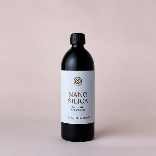 Nano Silica 500 ml, liquid silica supplement in a Miron violet glass bottle by The Health Factory